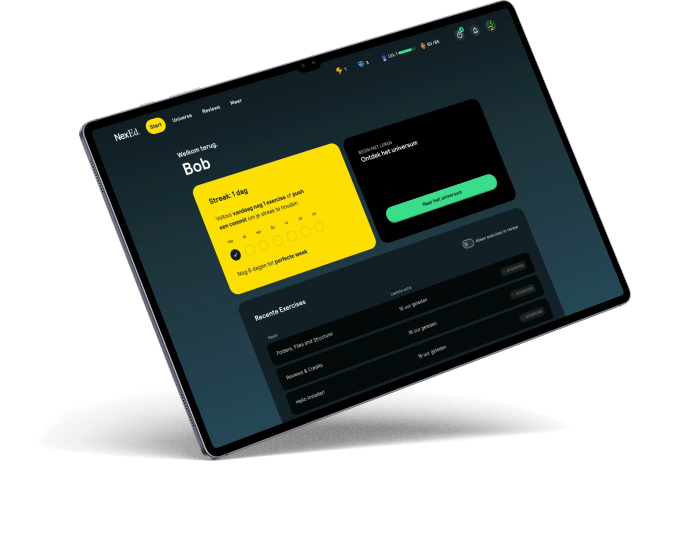 Het NexEd-docentdashboard met de voortgang van studenten per opdracht